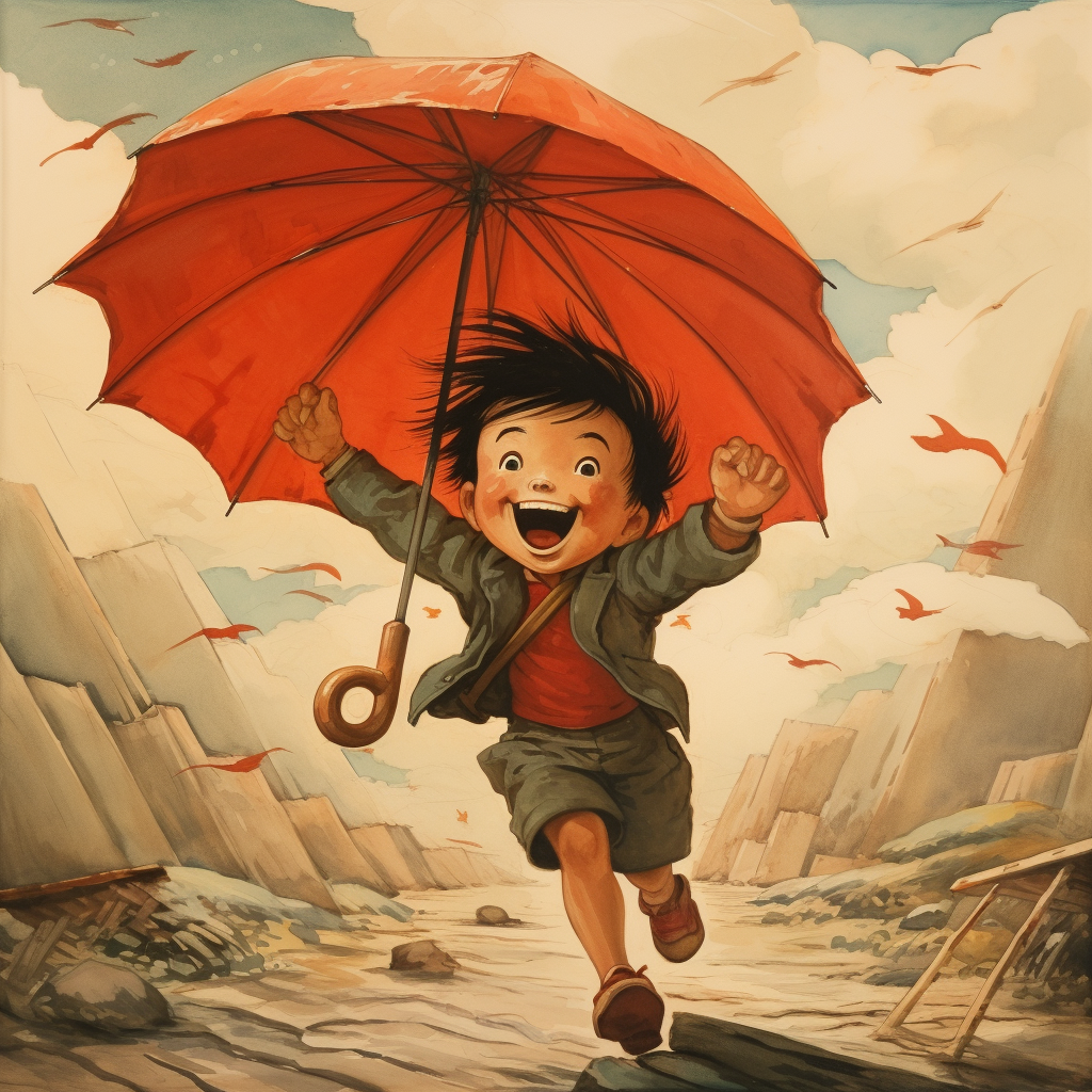 Chinese Child Flying Umbrella in Wind