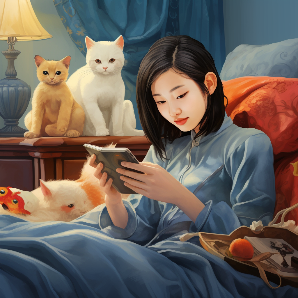 Chinese lady brushing mobile phone on bed