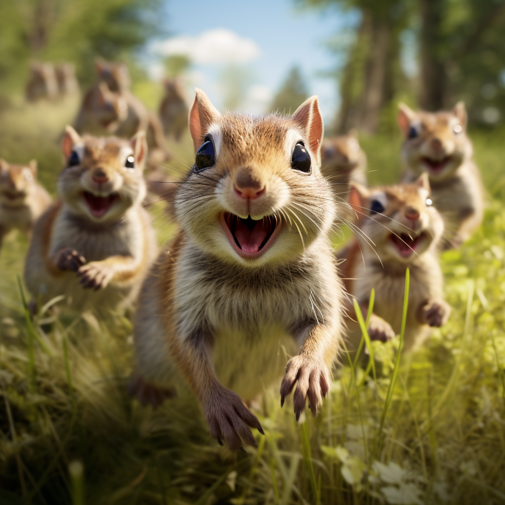 Chipmonks chasing smiling grasshoppers in savana