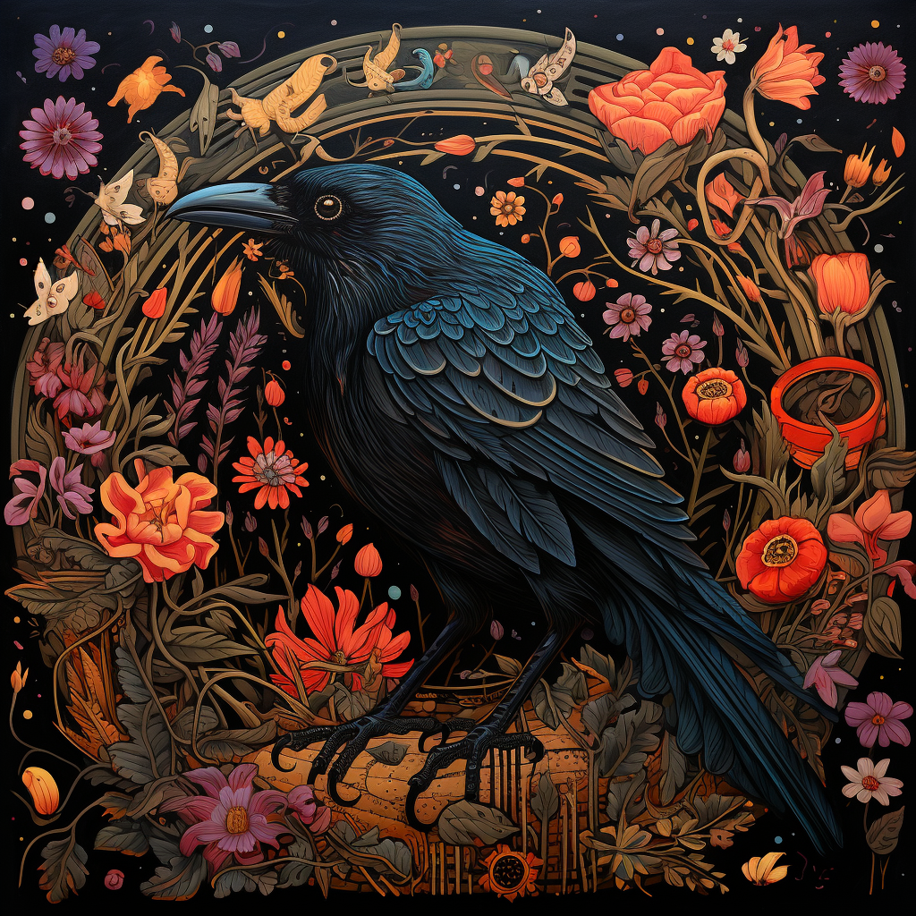 Raven with Flowers, Bugs, and Bones