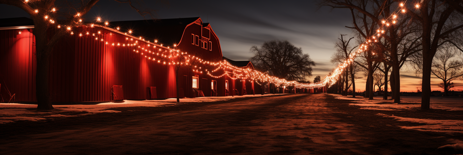 Red barn with Christmas lights