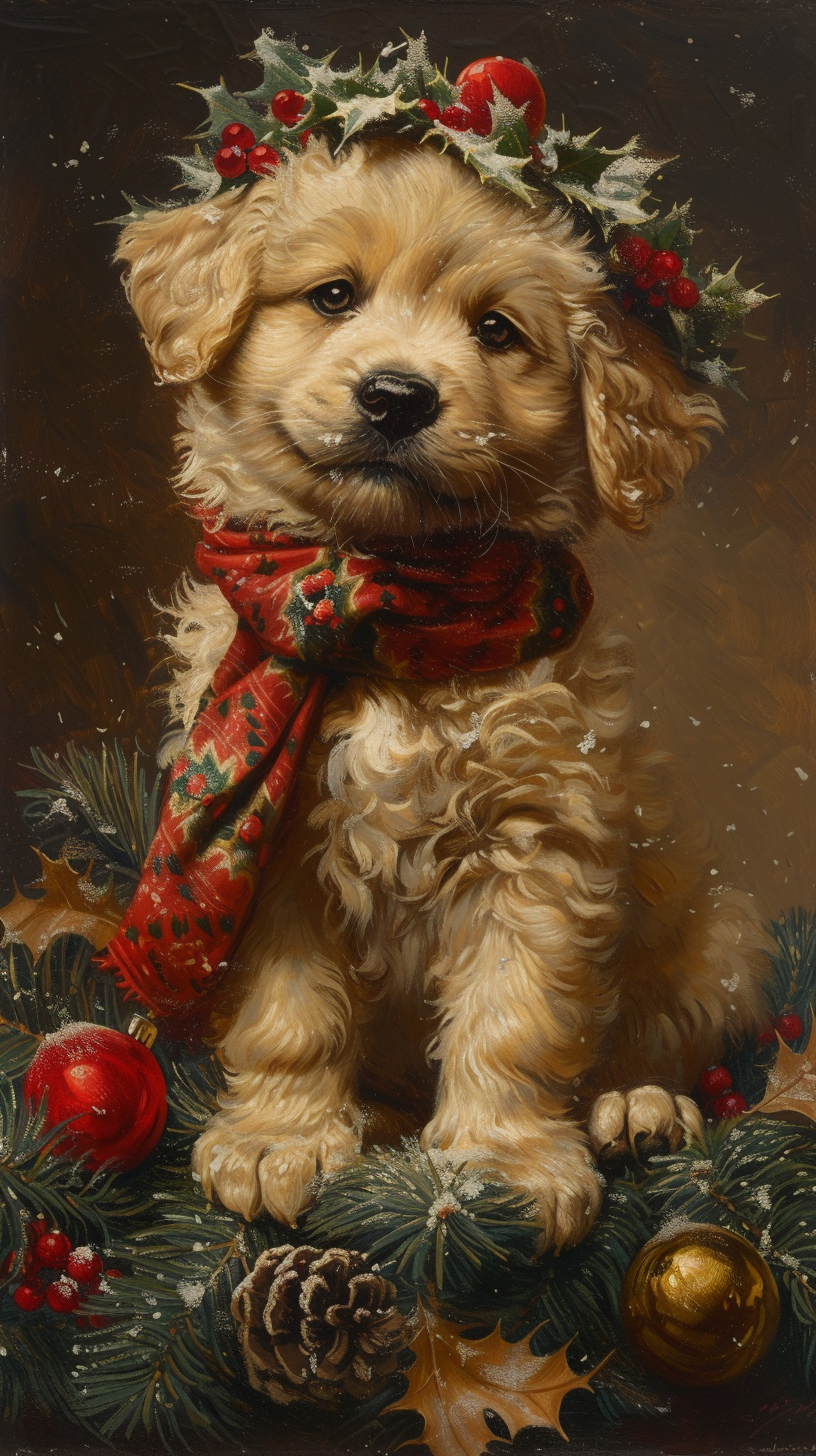 Christmas puppies by Jordan Grimmer, J C Leyendecker, Ivan Shishkin Tropius, American Christmas