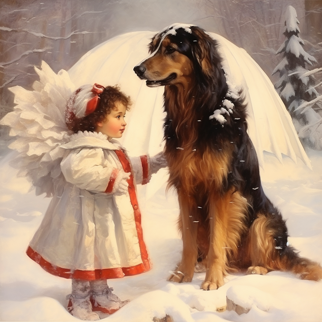 Christmas Baby Girl with Angel Wings and Large Dog