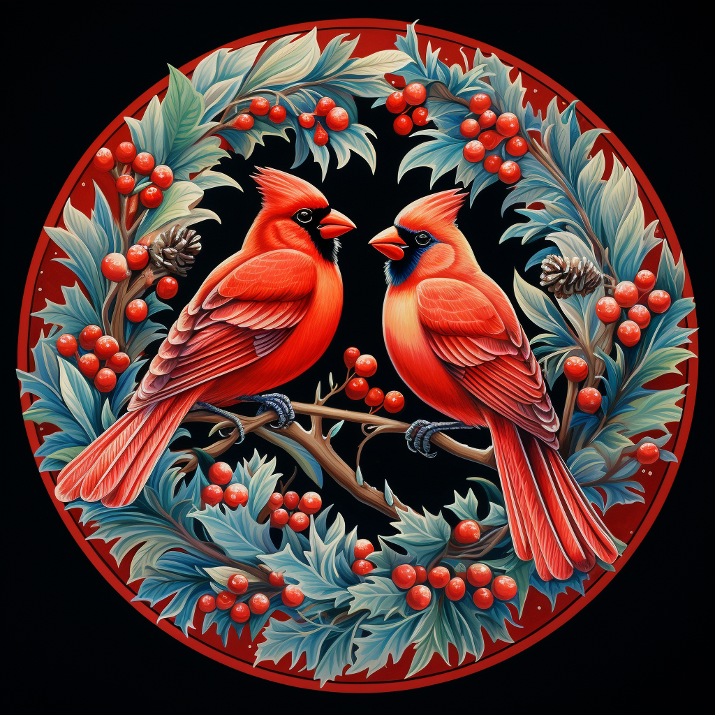 Colorful Christmas cardinals on circular background