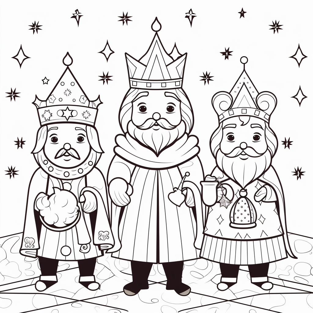 Black and white image of cute wizards kings