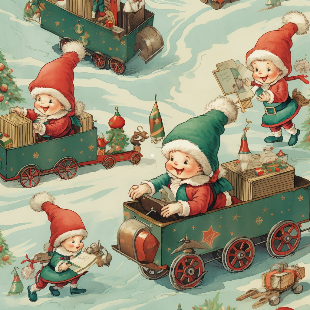 Christmas elves playing with toy trains