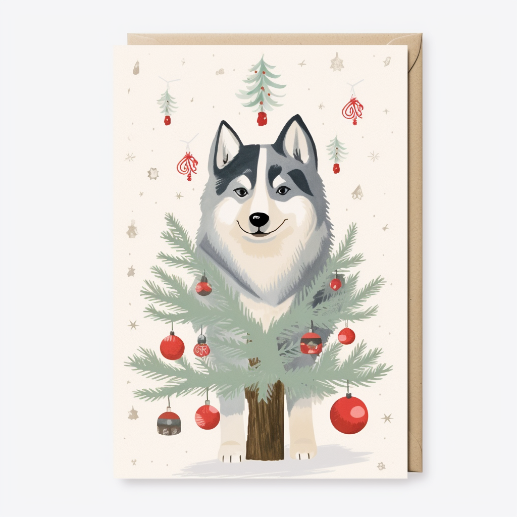 Funny Christmas Card with Husky Hanging on Tree