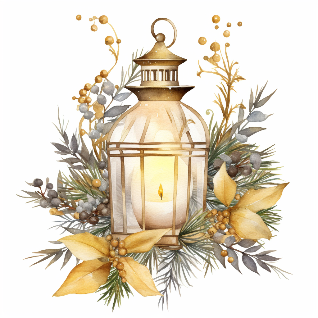Watercolor Christmas Lantern in White and Gold