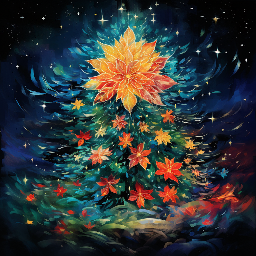 Vibrant Christmas tree with flowers and stars