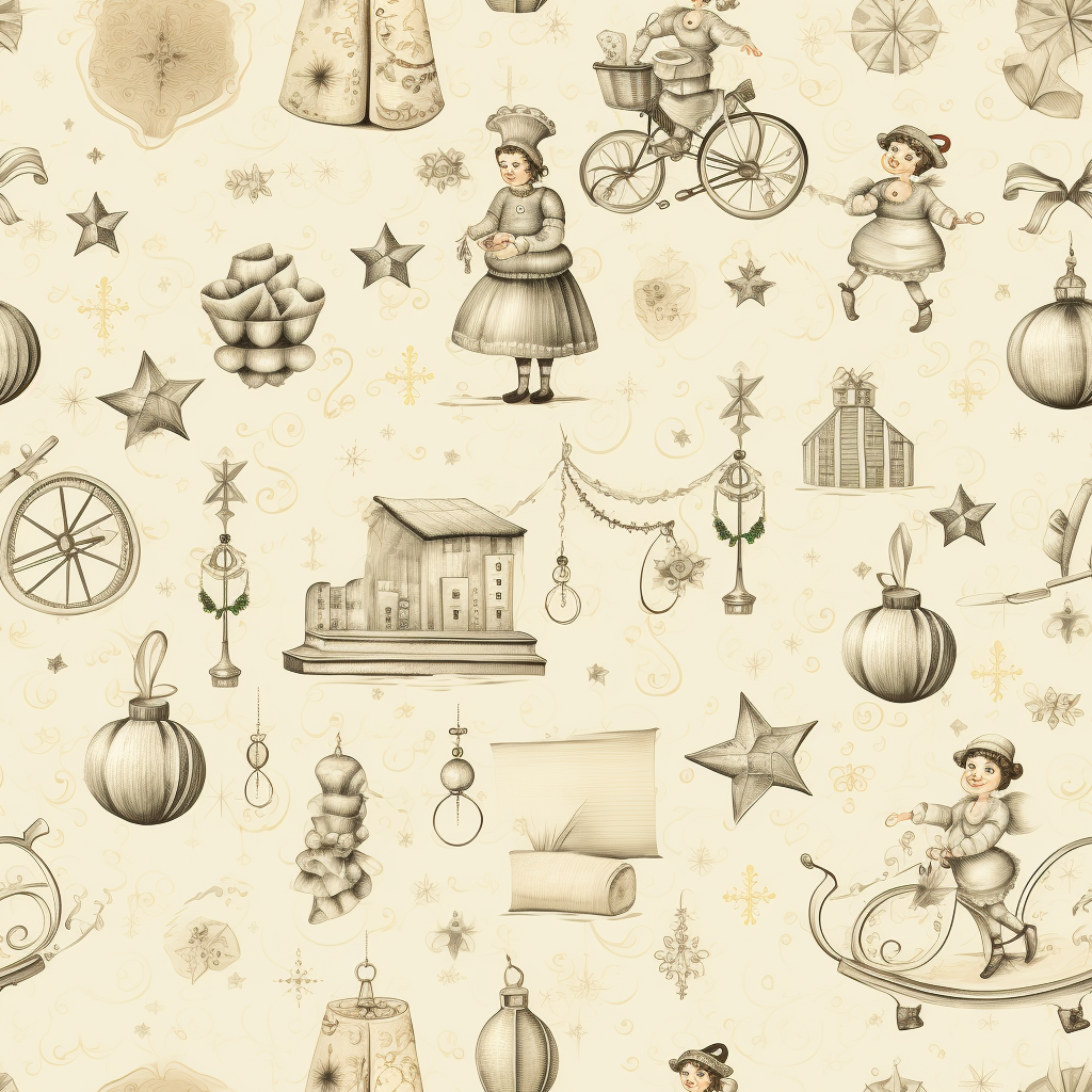 Vintage Christmas toys and flourished scripts pattern