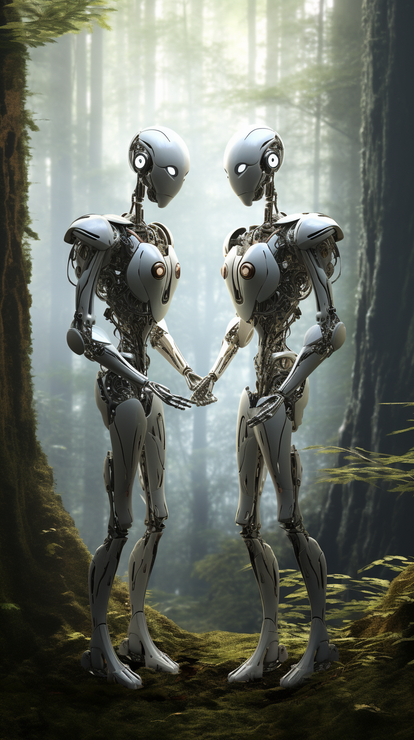 Chrome robots embracing surreal forest