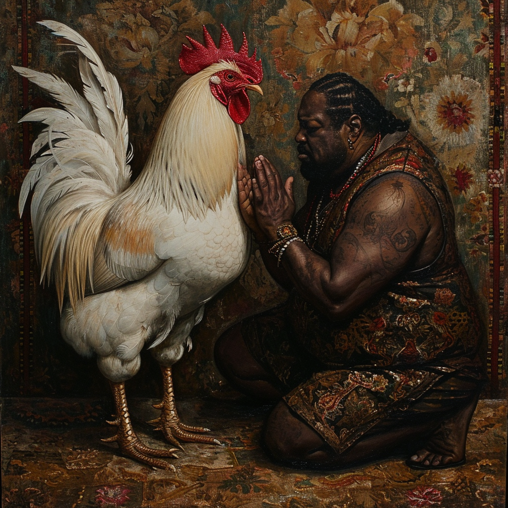 Chubby black man praying to white rooster