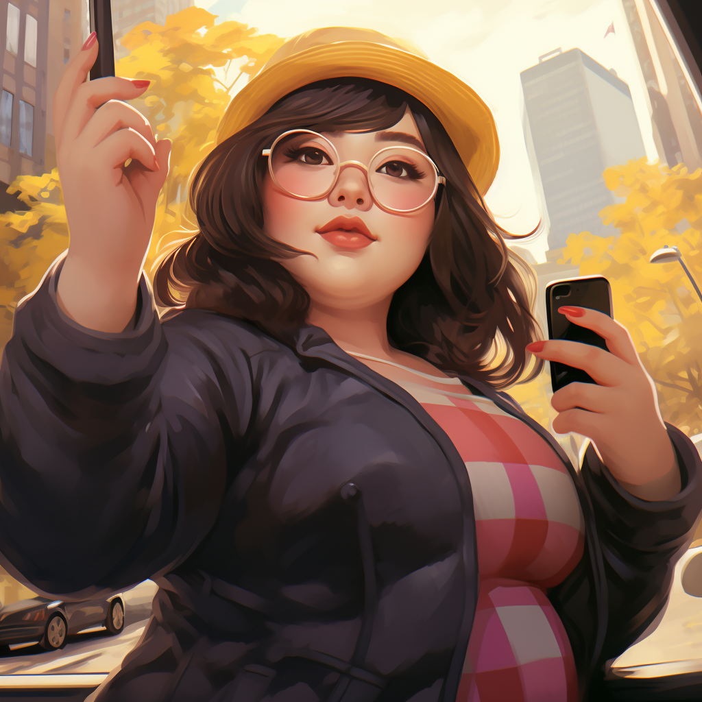 Chubby Japanese girl taking selfie in fashionable city