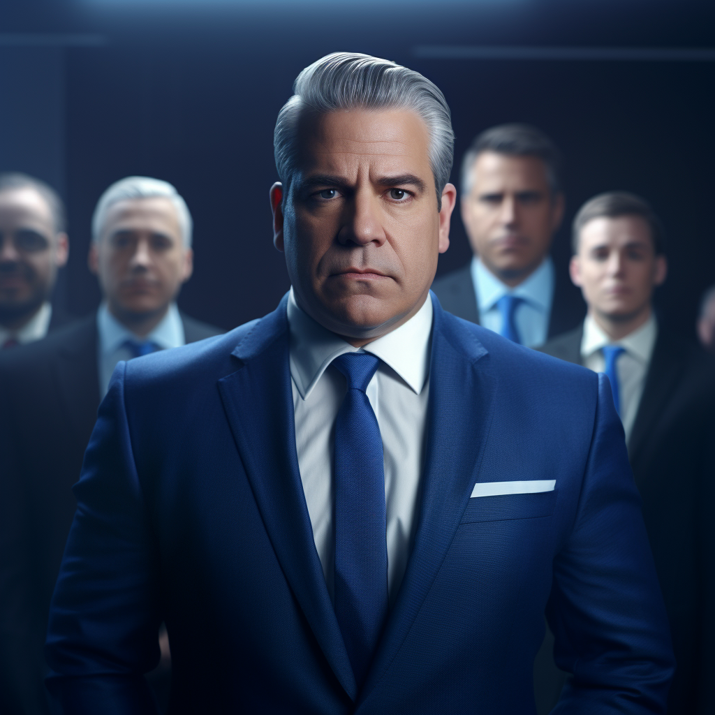 Chubby man in blue suit with grey hair and white tie