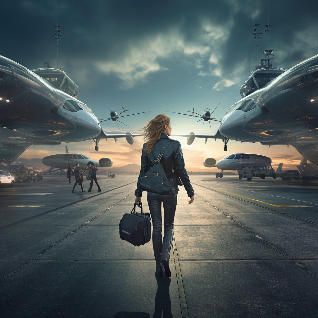 woman carrying bags exiting flying taxi