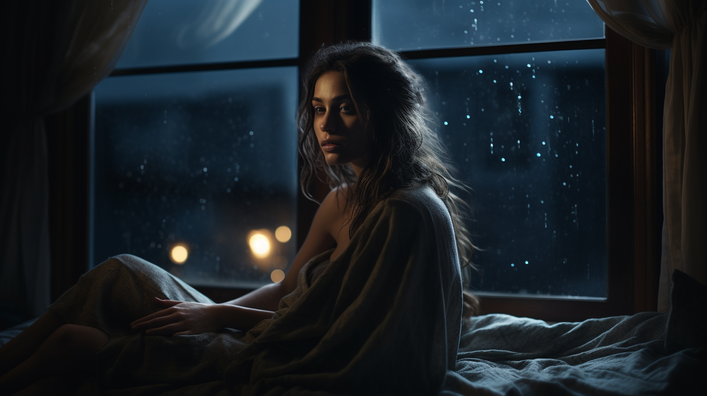 Cinematic night rain landscape with cozy bed