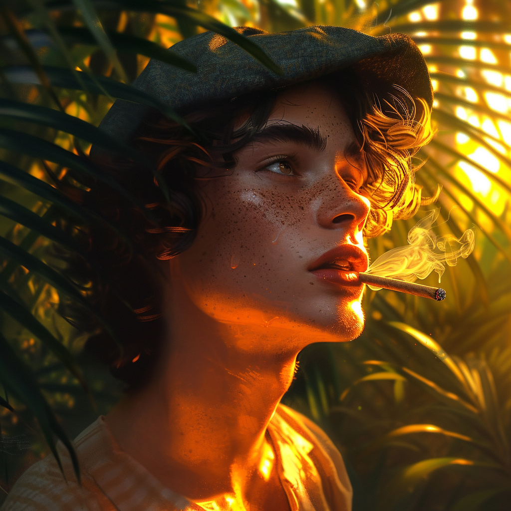 Young man smoking joint in tropical forest