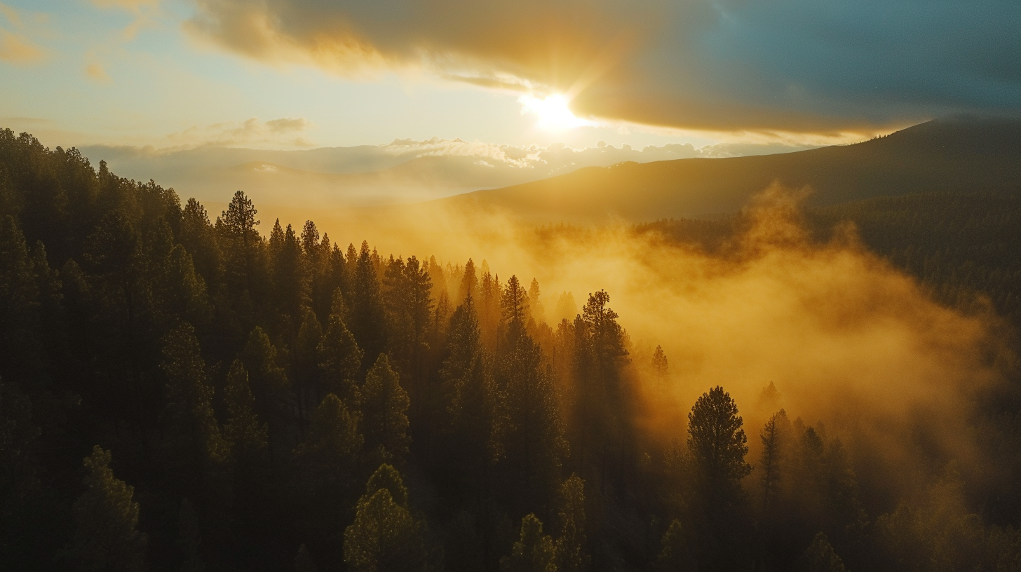 Cinematic Scene with Mountains, Clouds, and Trees