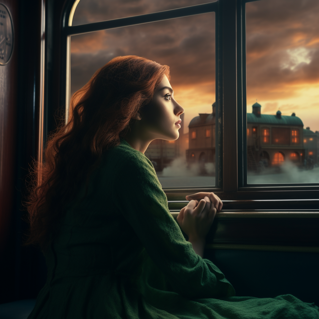 Beautiful woman watching train by window