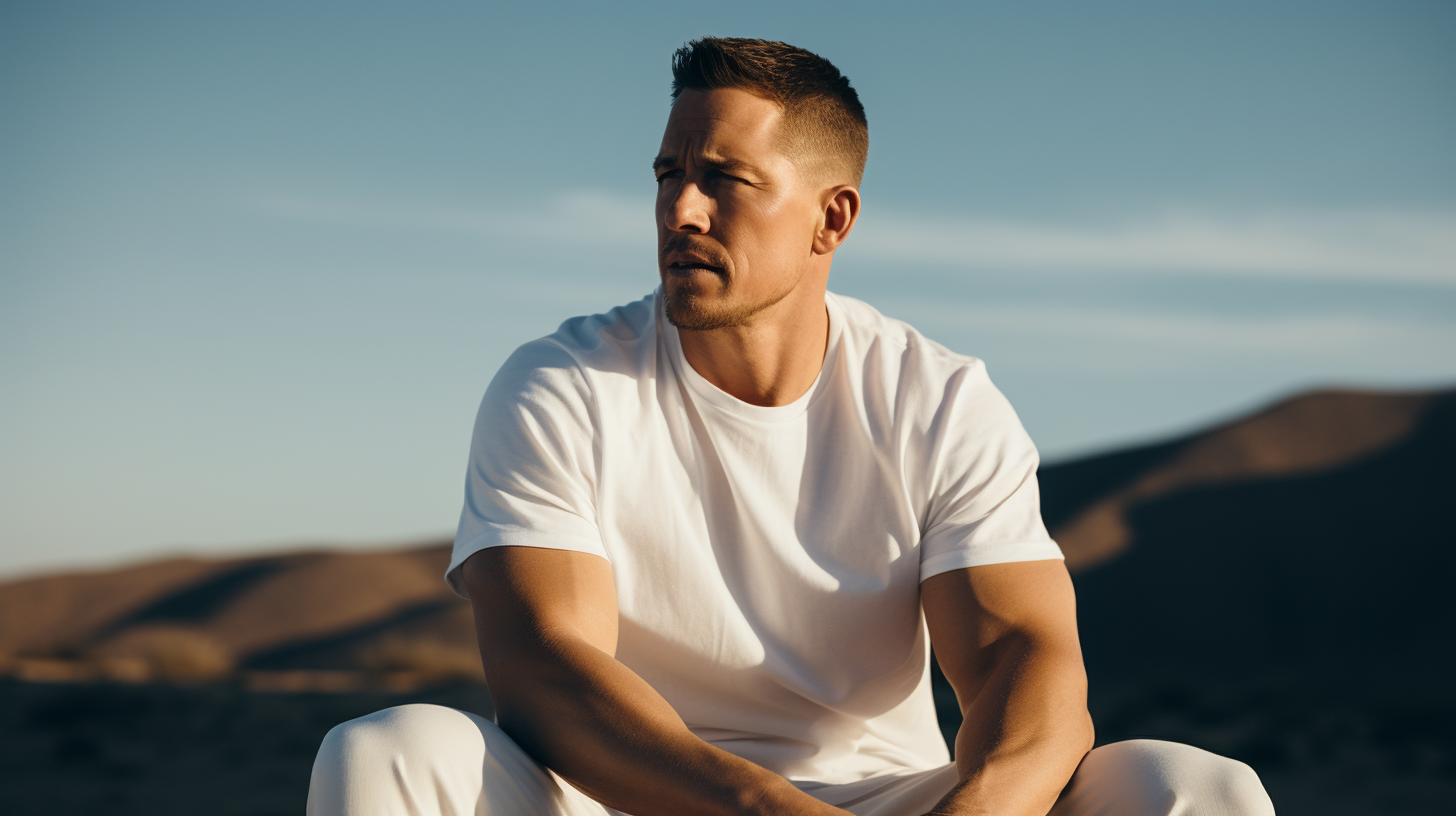 Channing Tatum in white crew Tshirt with ethereal glow