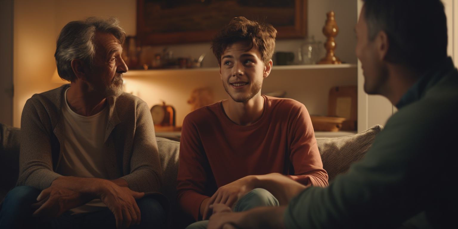 Middle-aged man talking to young men