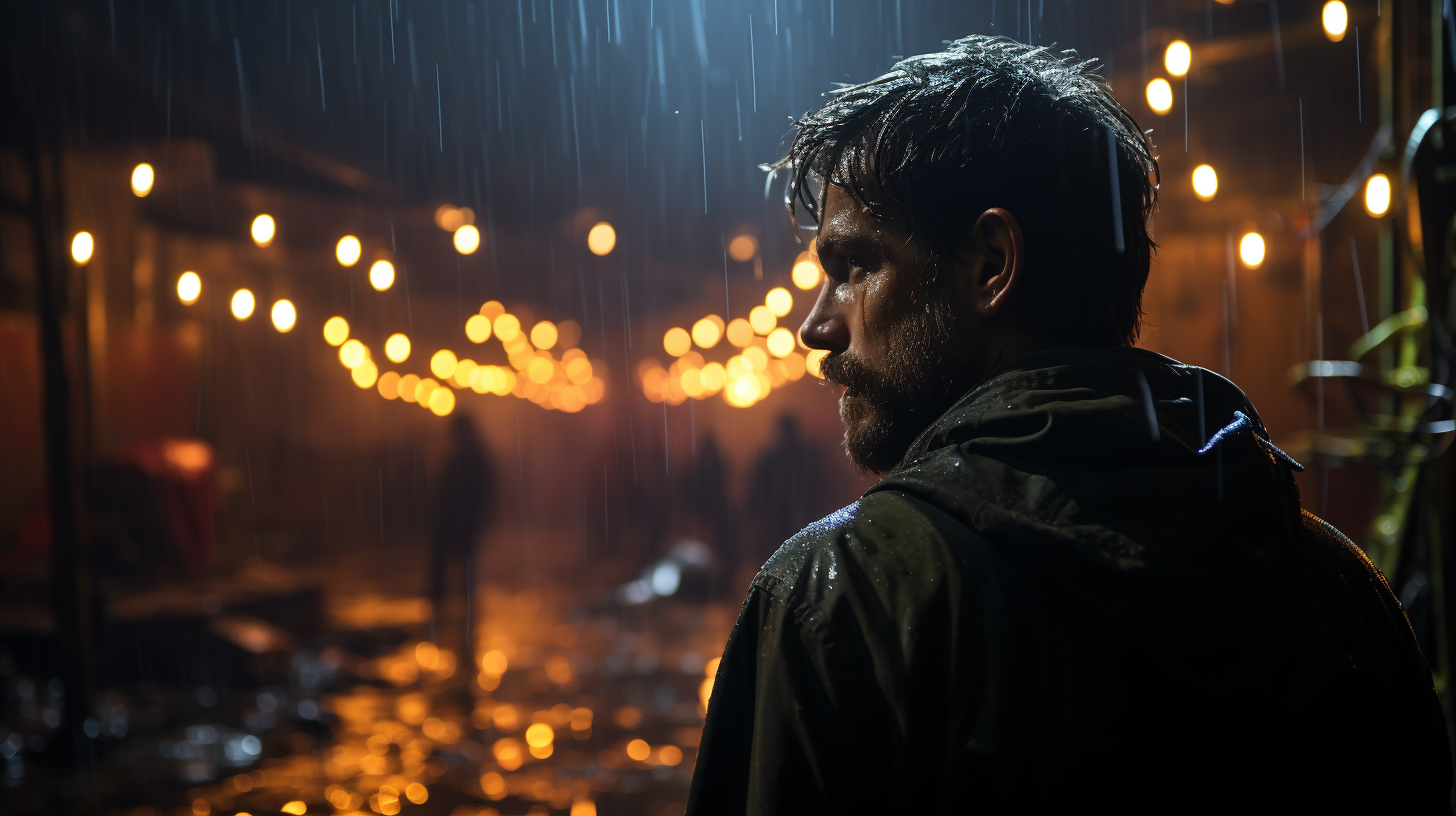 Cinematic man working nightshift in abandoned warehouse