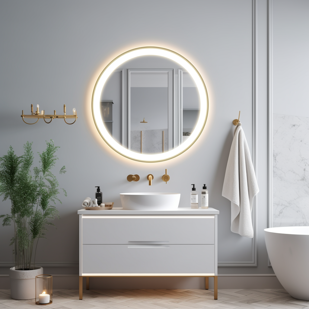 Circle LED Mirror with Blue Switch in White Bathroom