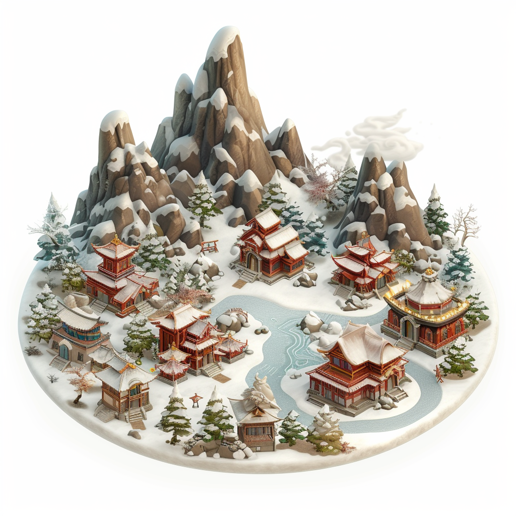 Frosty Mountain Game Village with Floating Buildings