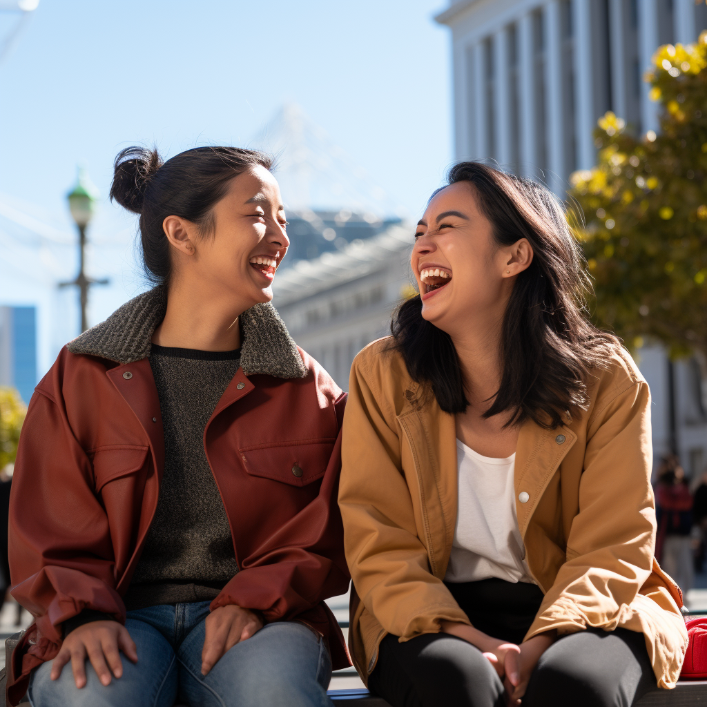 Asian teenager and Latina woman smiling on colorful bench