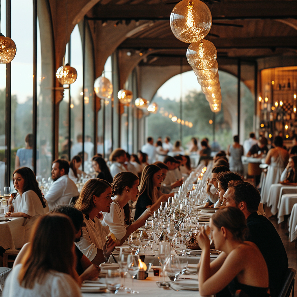 People drinking wine in city view restaurant