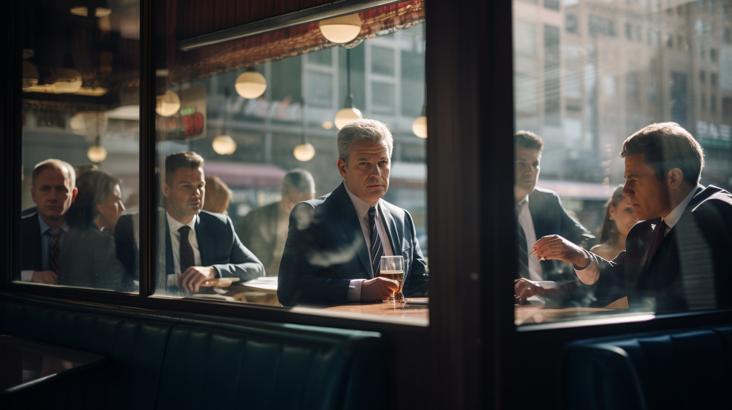 Bankers observing diner scene through window