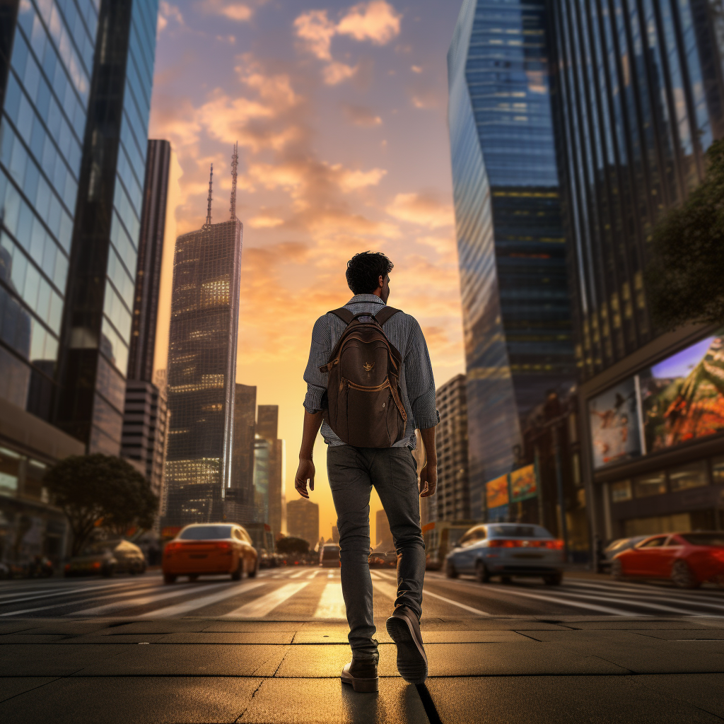 Man Walking on City Street at Sunset