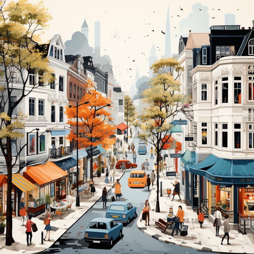 Street scene with people, shops, and restaurants