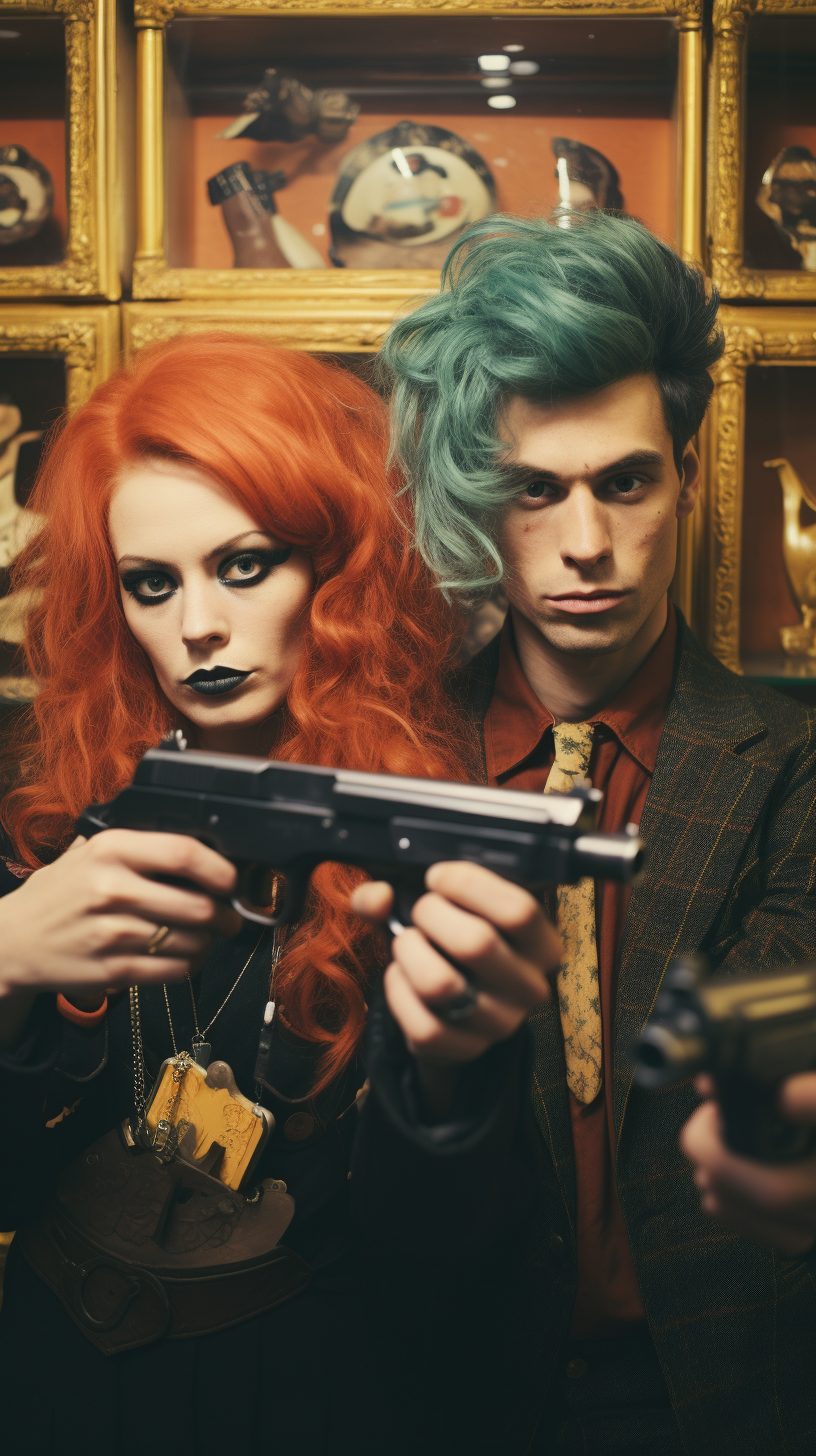 Colorful hair punks robbing a bank