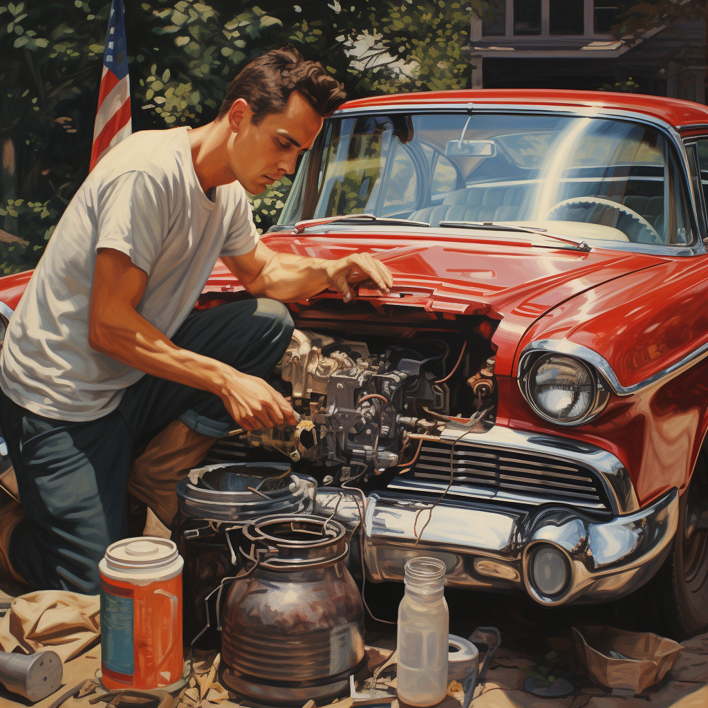 Two people working on a classic car