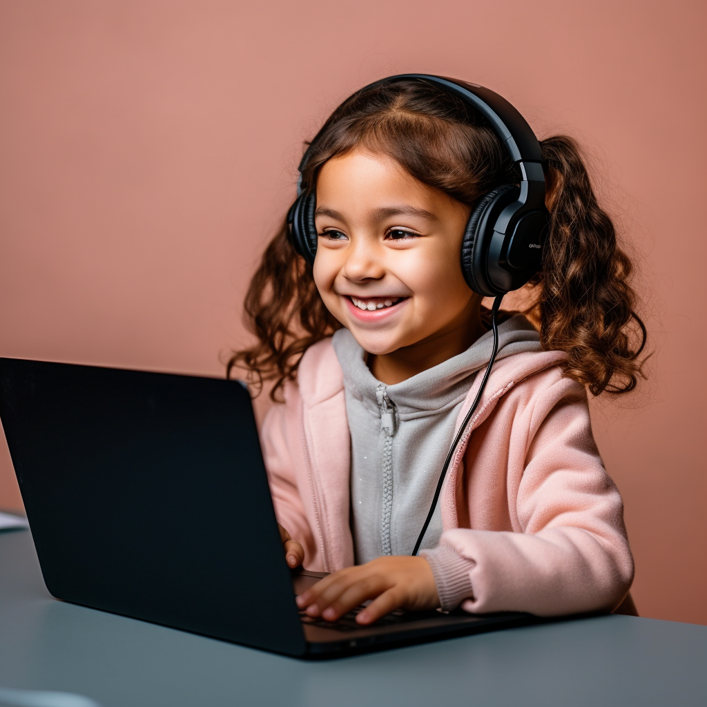 Smiling clever girl with sketchbook, laptop, and headphones