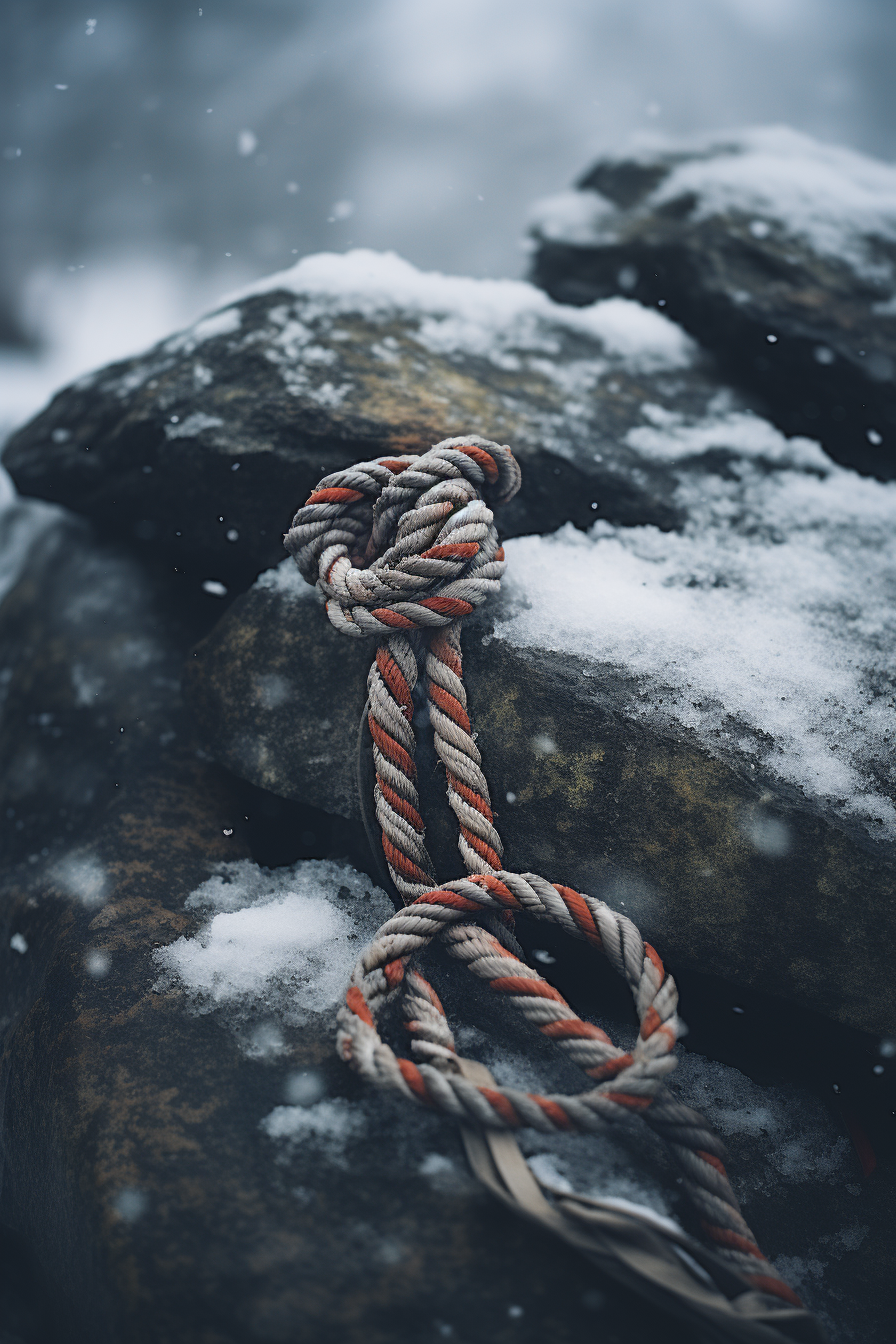 Detailed Climbing Rope on Stone with Wood and Leaves in Snowy Island Landscape