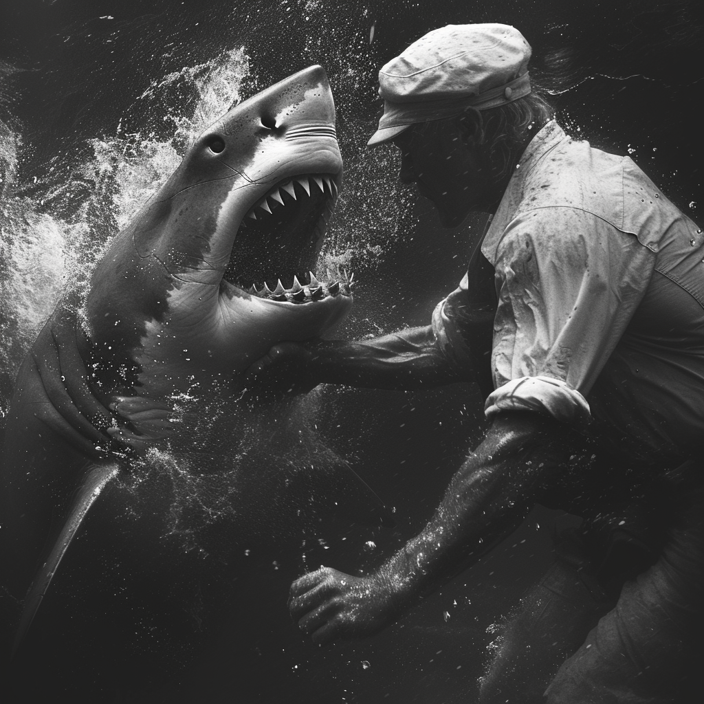 Sailor fighting shark underwater surreal monochrome