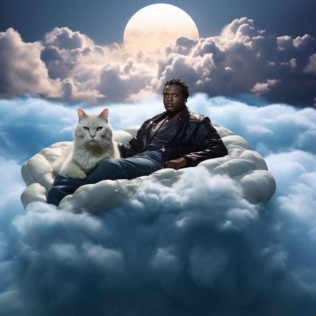 Cloud bed floating in ocean with Wesley Snipes and a cat