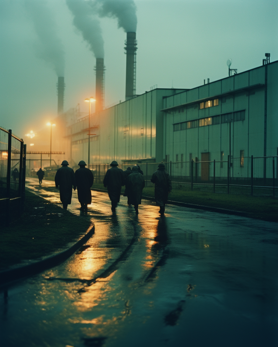 Workers leaving factory at cloudy evening