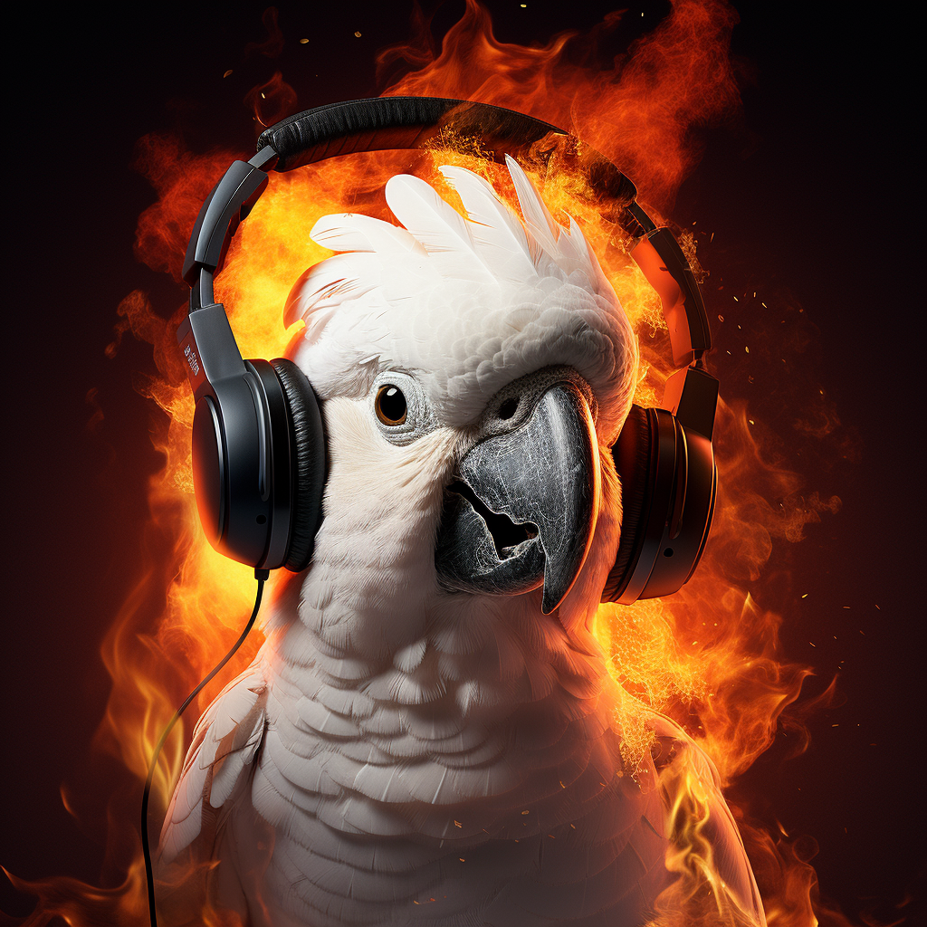 Playful Cockatoo with Headphones on Fire