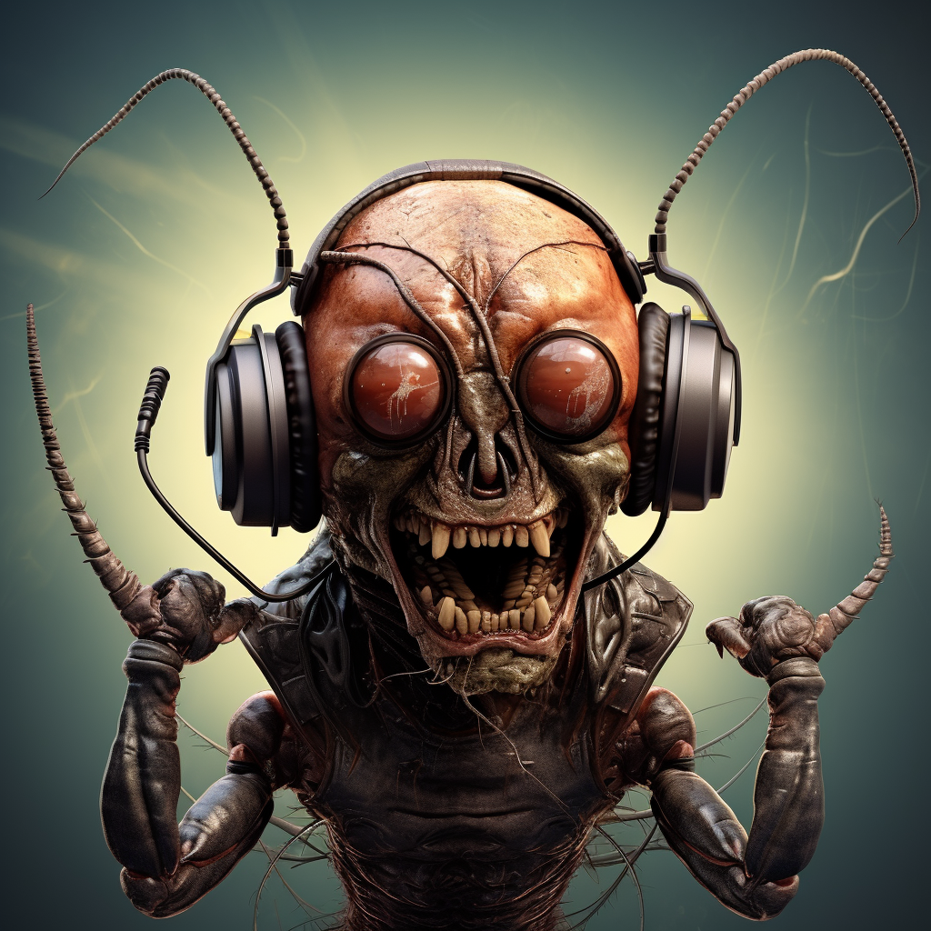 Cockroach wearing headphones in Tim Burton style