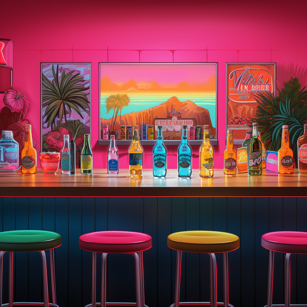 Cocktails and Beer Bottles on Bar Top with Neon Pink Wall