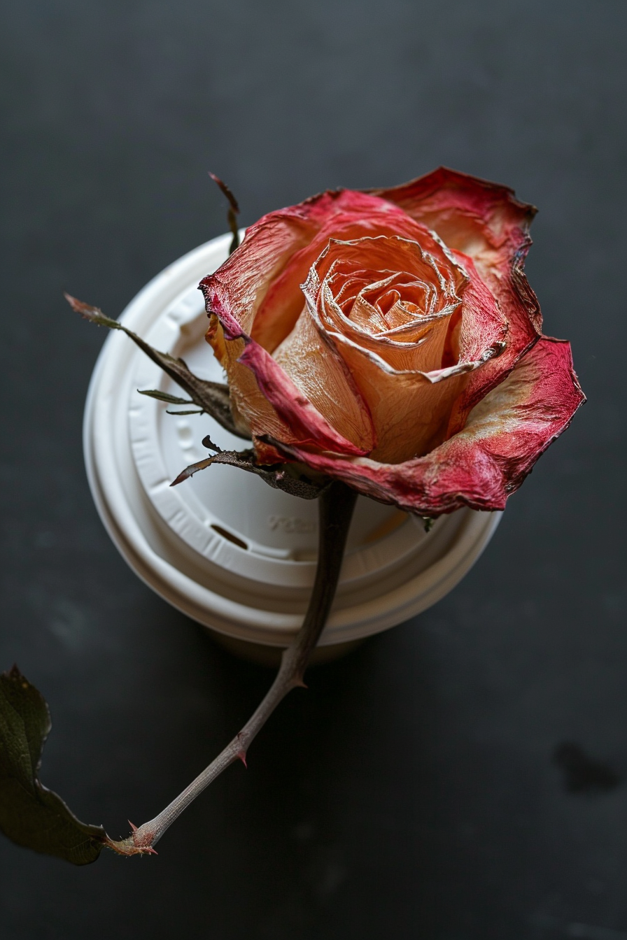 Withered Rose on Coffee Cup Lid