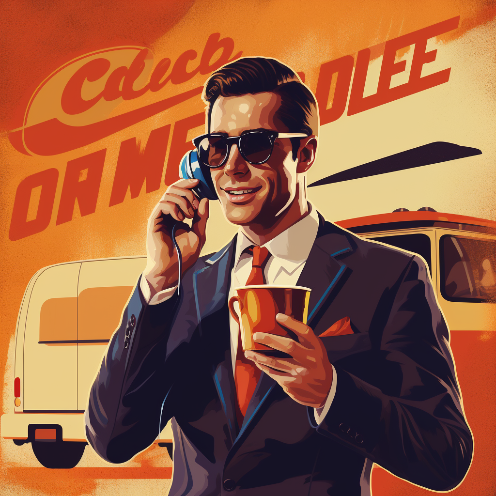 Stylish man with headset in retro coffee brand poster