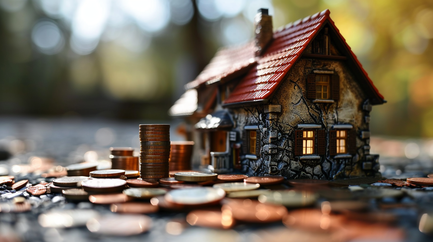 Stack of coins next to toy model house