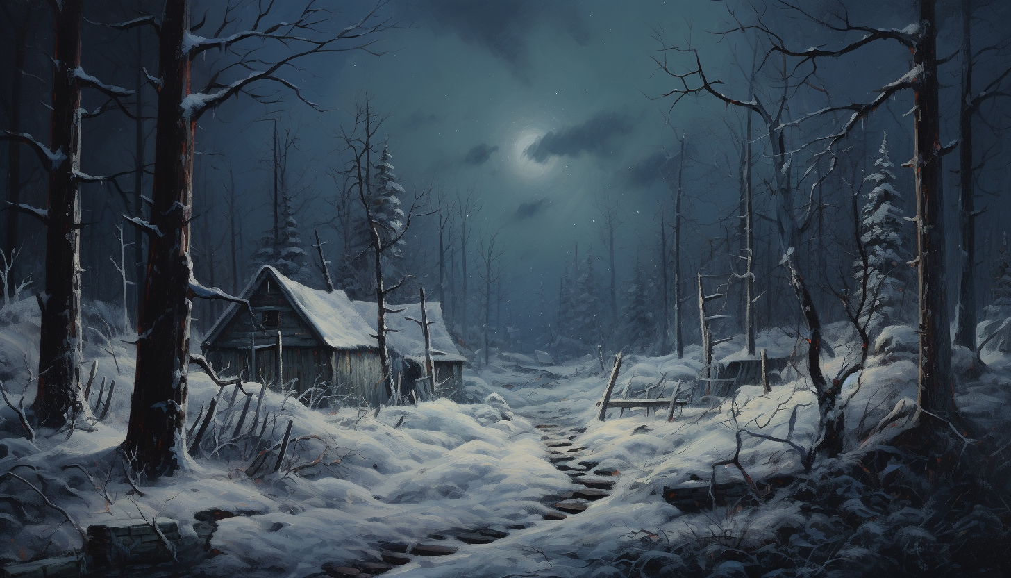 Winter night painting in the woods