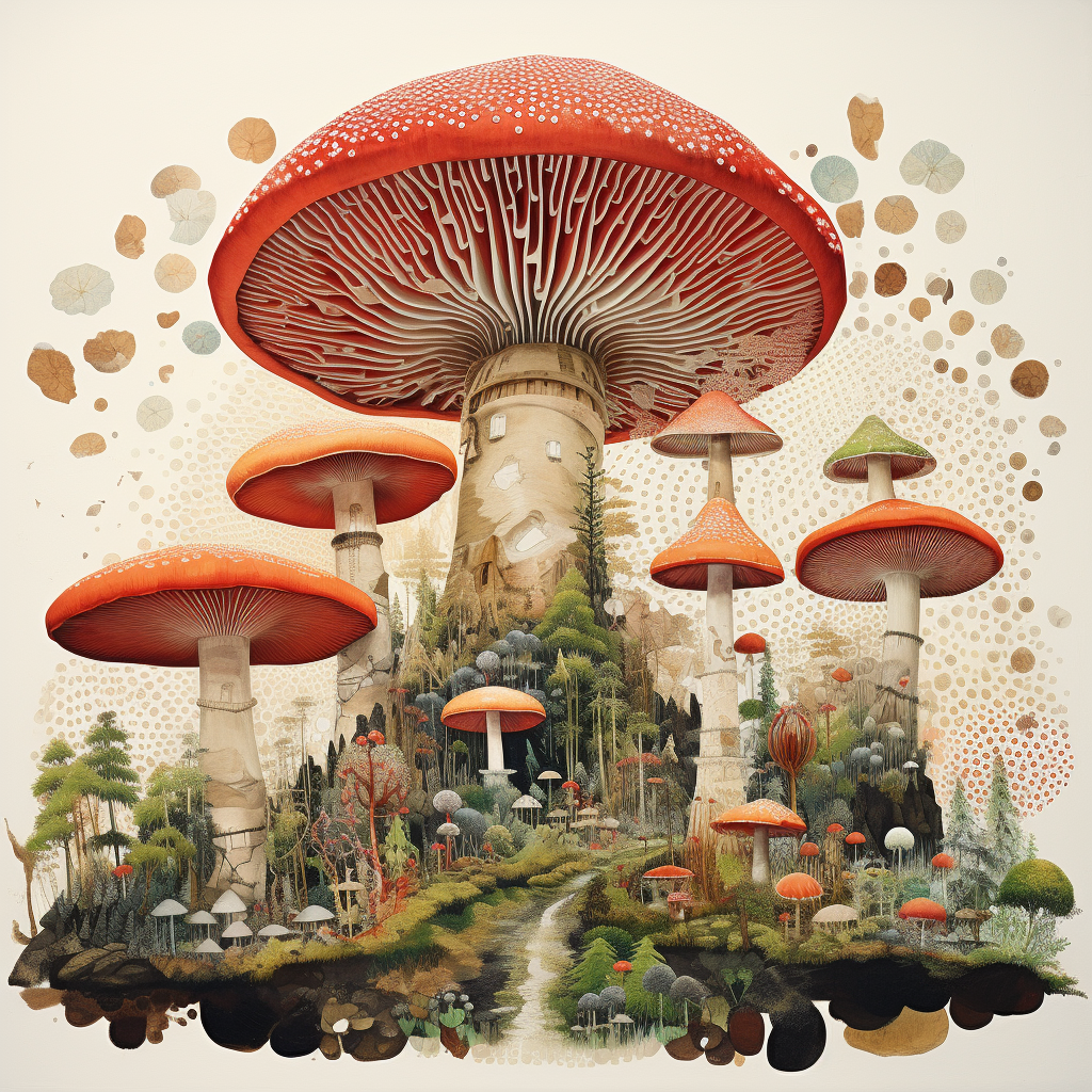 Beautiful collagecore mushrooms in nature