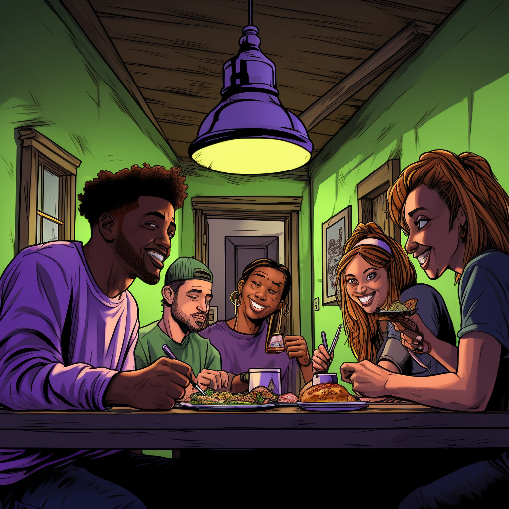 Cartoon image of diverse college friends in kitchen