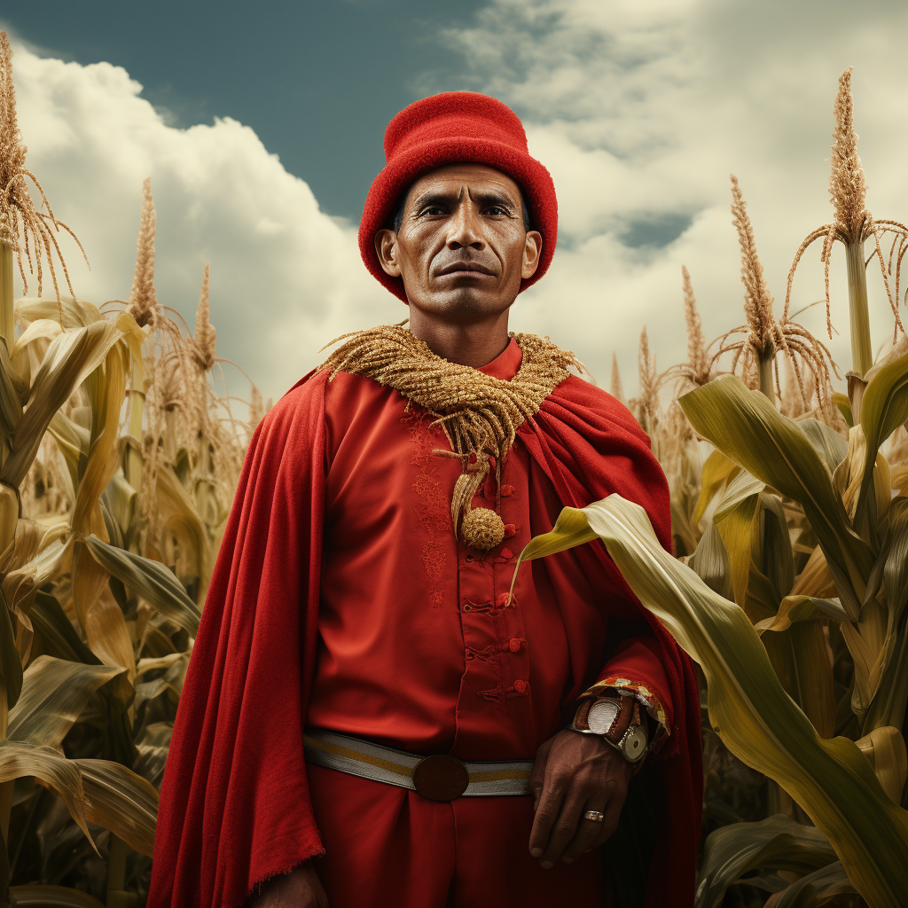 Colombian farmer with red tunic and golden crown